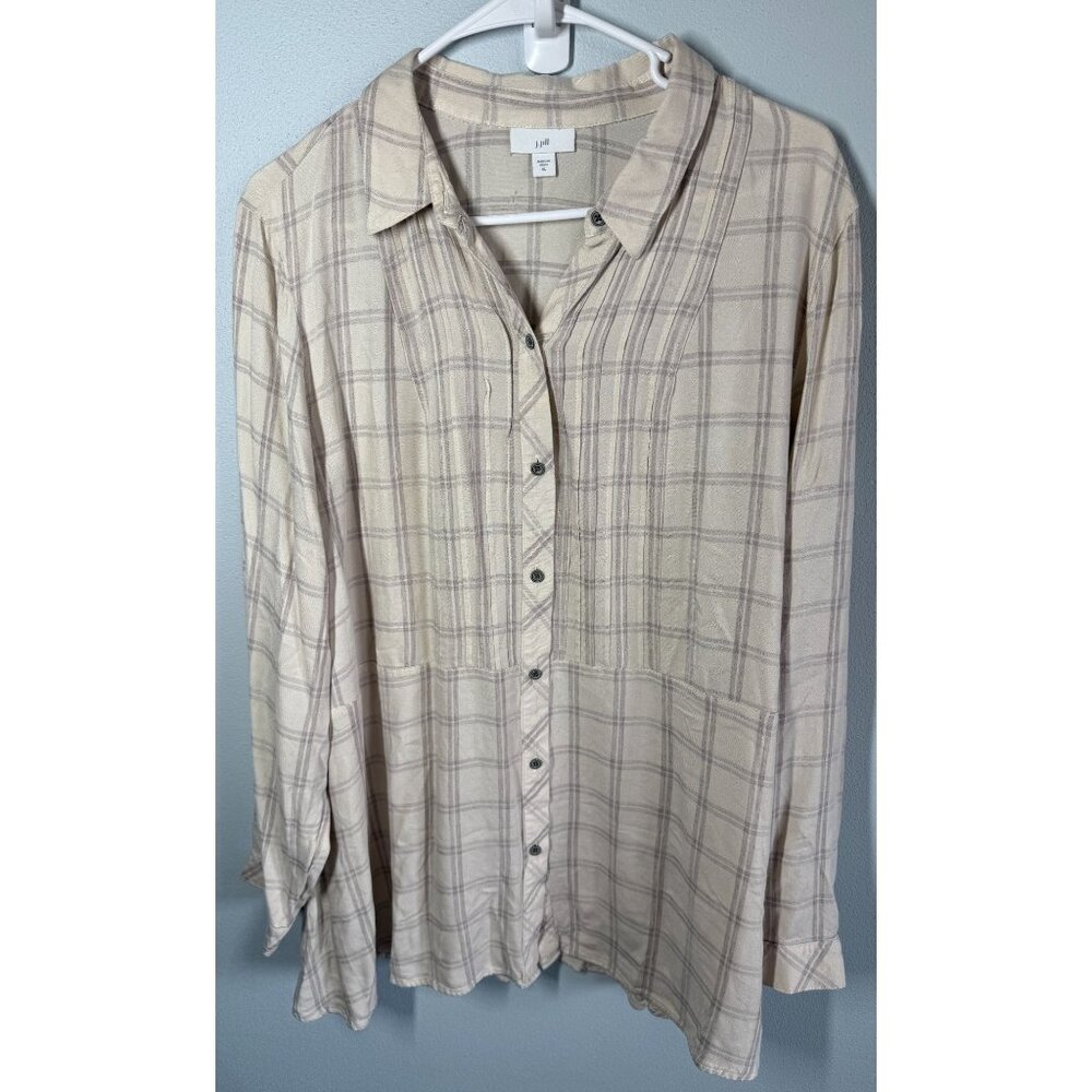 J.Jill Womens Plaid Button Up Pleated Top XL Beige Gray Longsleeve Collared Flow